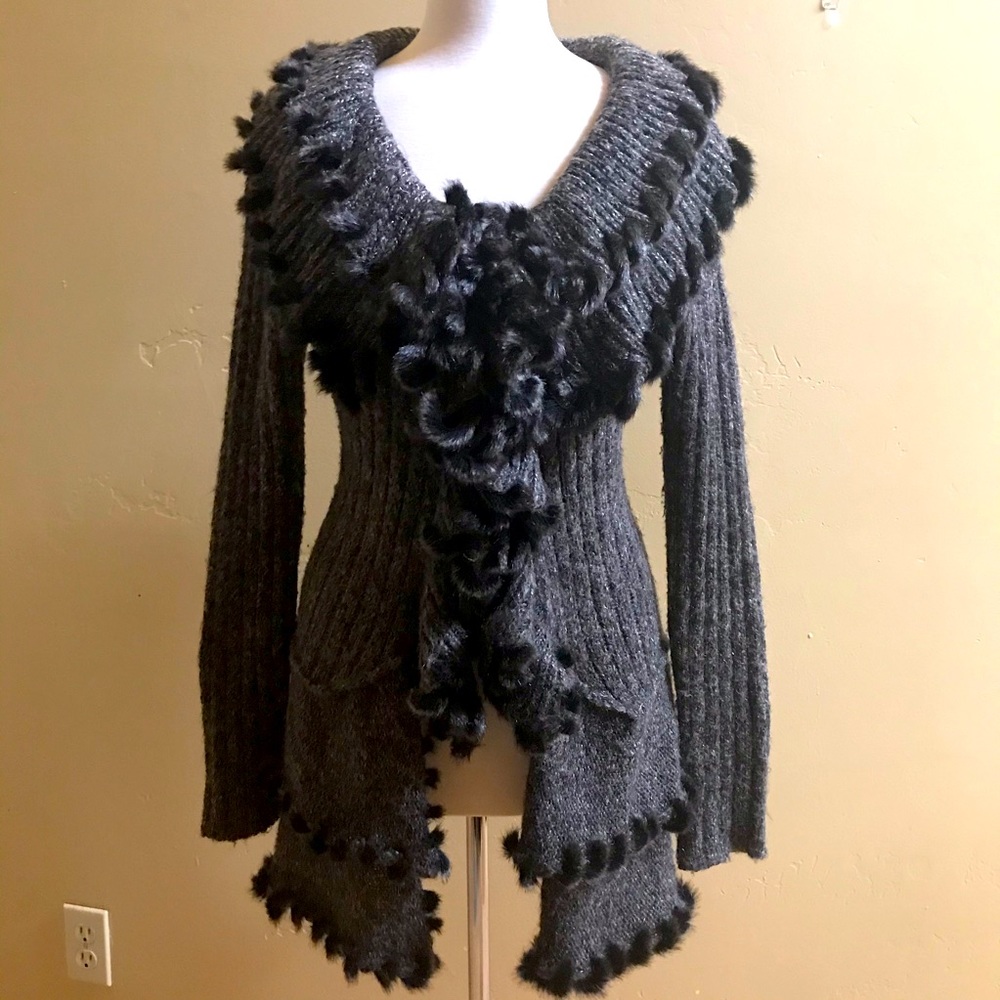 Lapis Cardigan Sweater Waterfall Ruffles Faux Fur